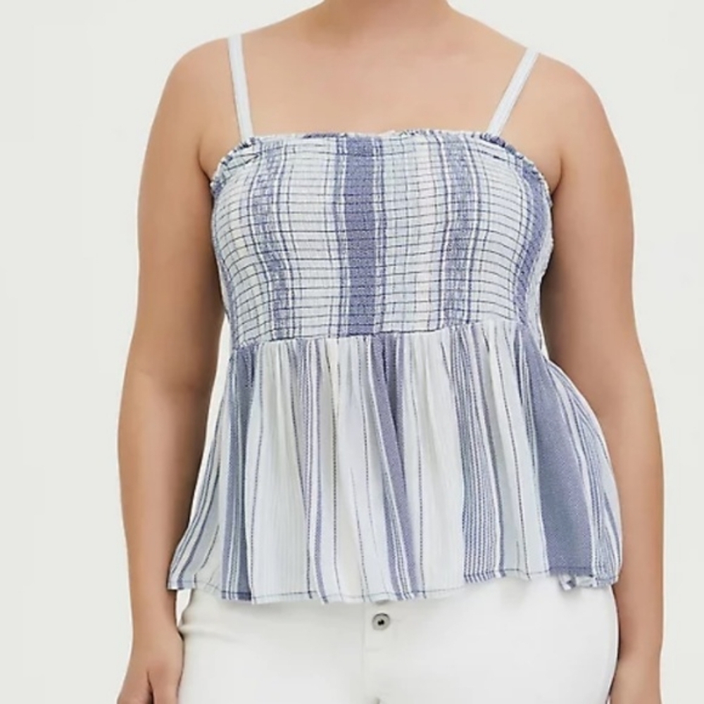 🔥 (5for$35) TORRID Blue Striped Gauze Smocked Cami Tank top size 2X